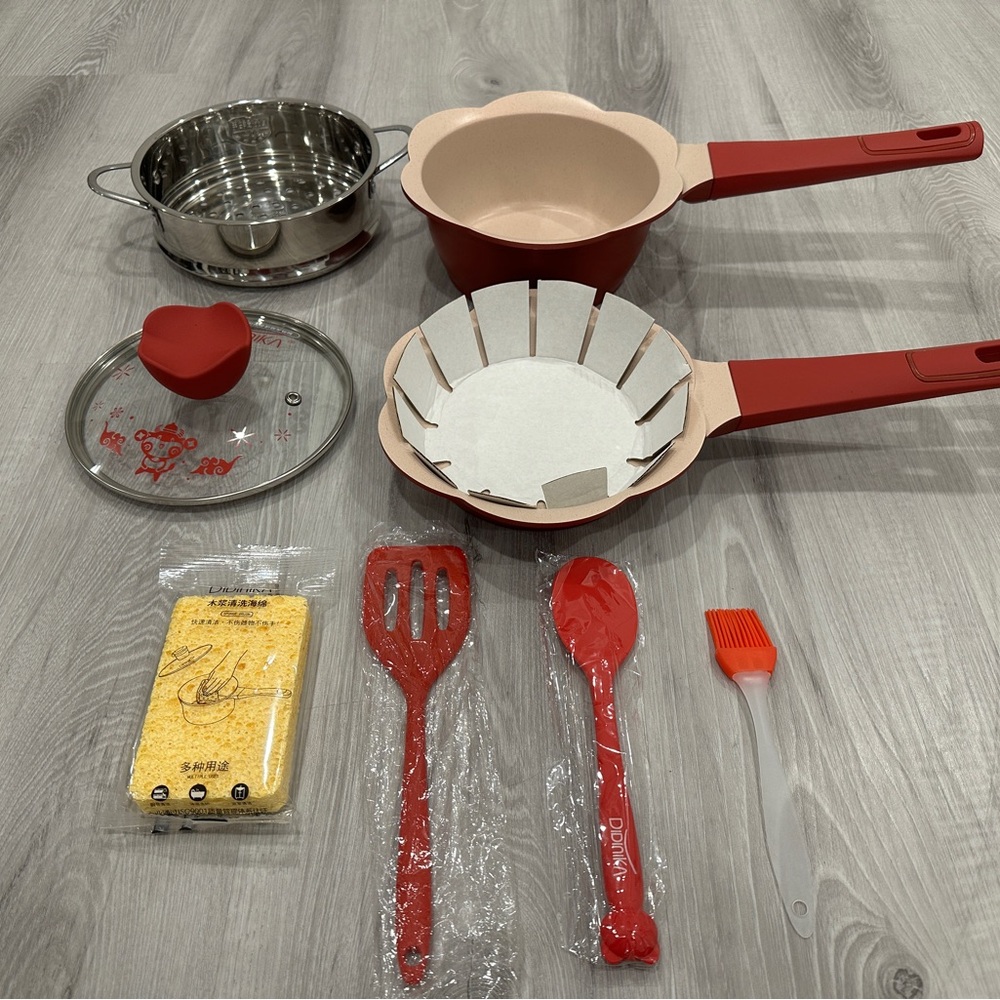 Kids Nonstick Red Cookware Set with Utensils and Heart Lid